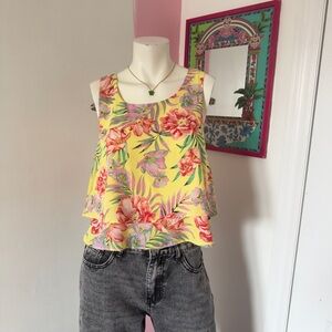 Sans Souci Bright Yellow Flowy Top With Pink And Green Flowers